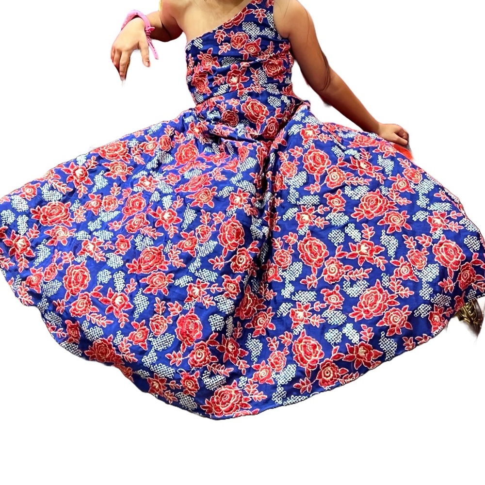 Girl's Custom made maxi formal gown embroidered red blue & silver approx size 6